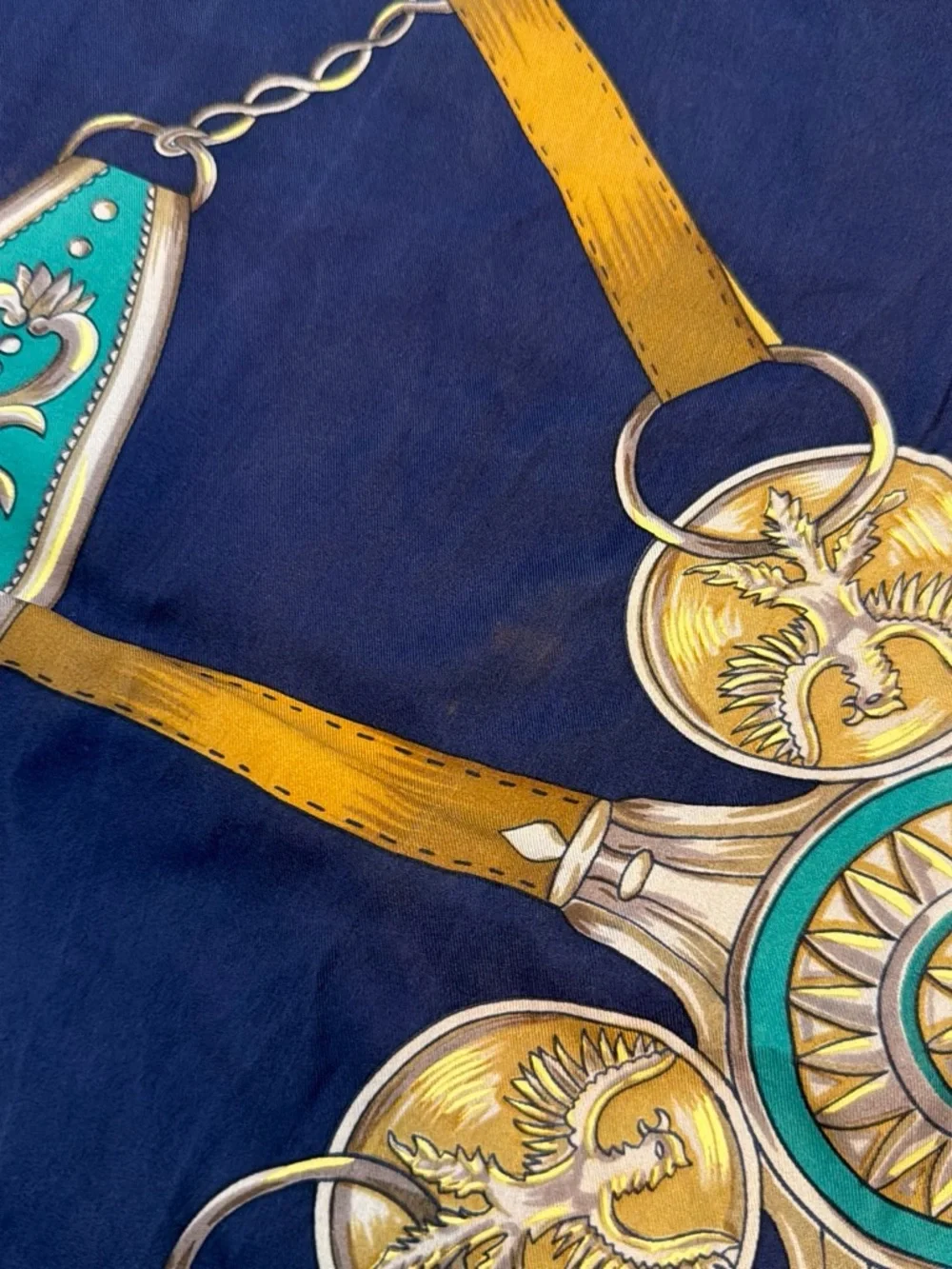 Navy & Teal Equestrian Print Silk-Feel Scarf